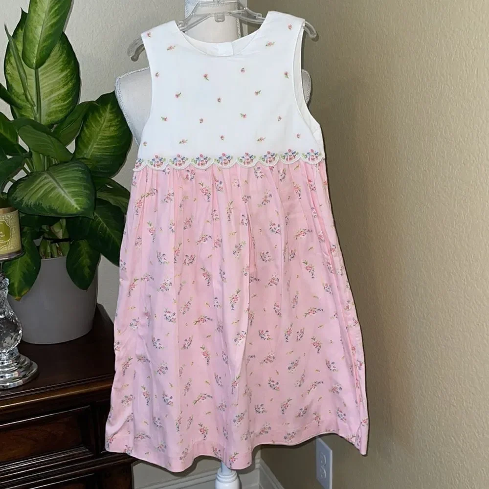 Gymboree VINTAGE 2000 Pink Floral Embroidered Scalloped Dress sz 6
